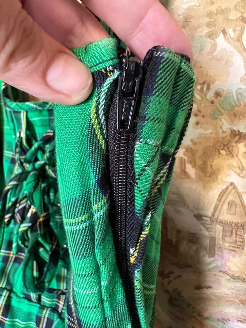 Hot Topic green lace up tartan dress with pockets - Picture 3 of 7
